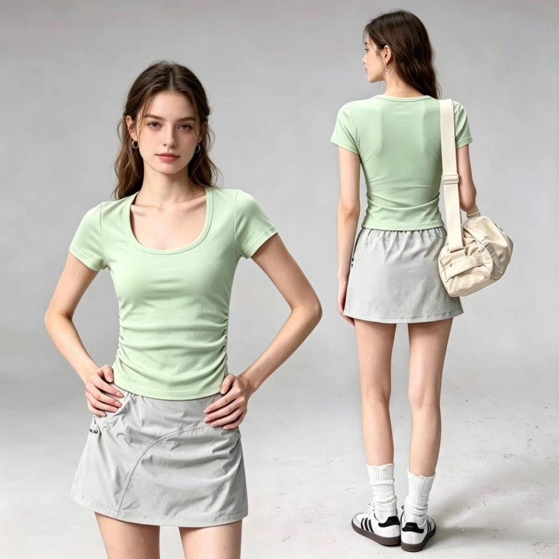 Pilate Yoga Workout - 夏用半袖パッド入りスポーツTシャツ 女性用 スリムフィット 速乾性 通気性 ヨガトップ